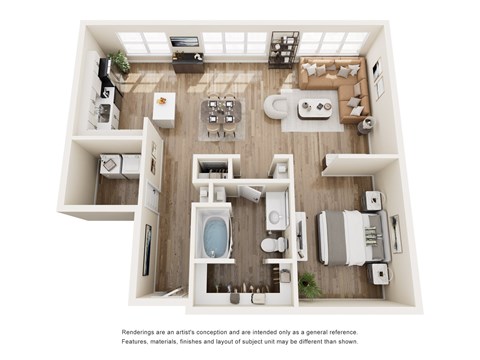 A top-down view of a small apartment with a kitchen, living room, and bathroom.